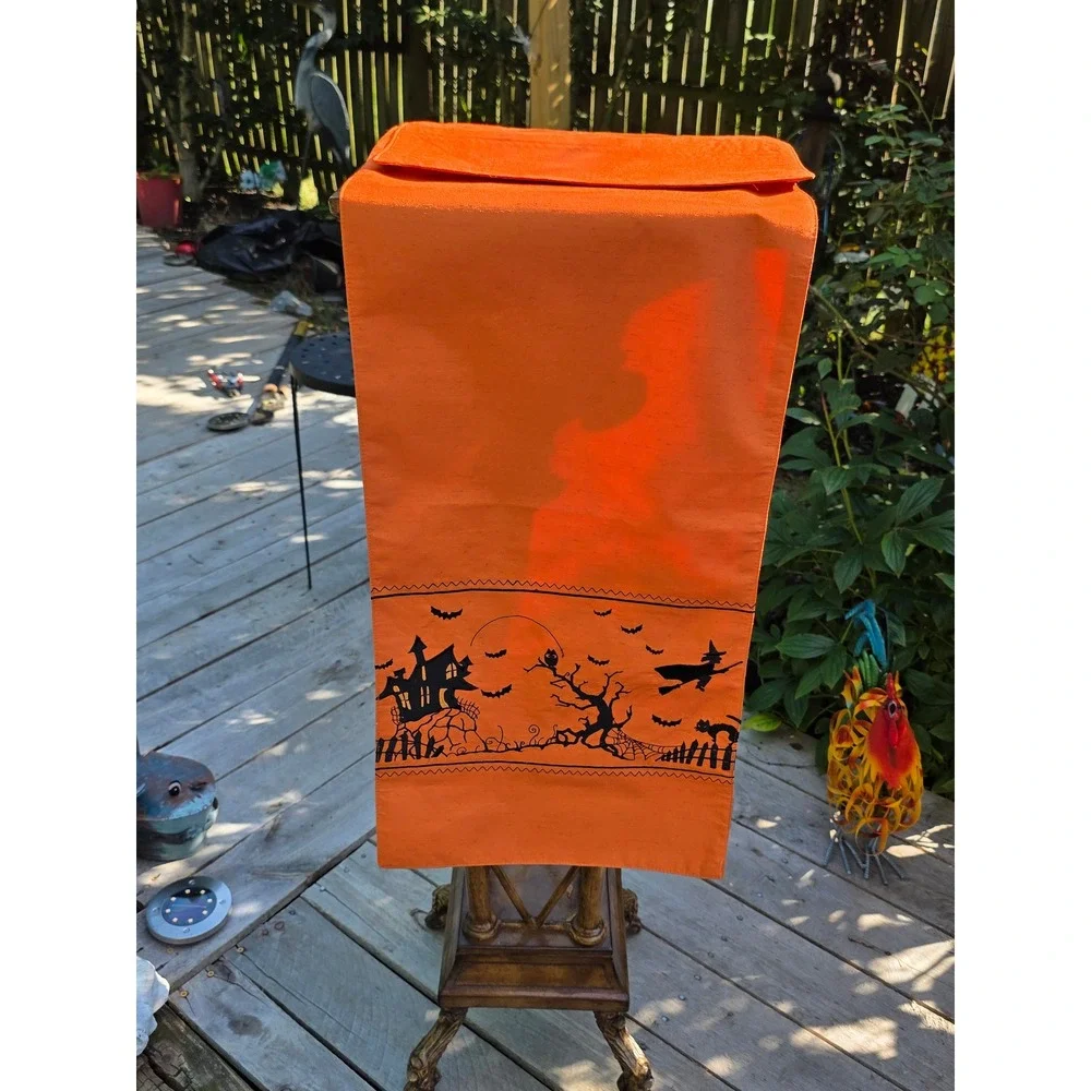 Orange Halloween Table Runner Haunted House Witch Embroidery 90 Inch Long